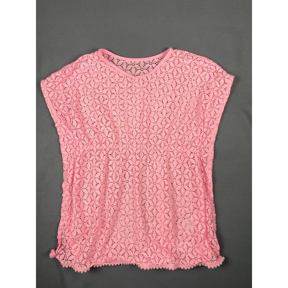 Wonder Nation Pink Crochet Swim Cover Up Tunic Pom Pom Hem Girls XL 14-16